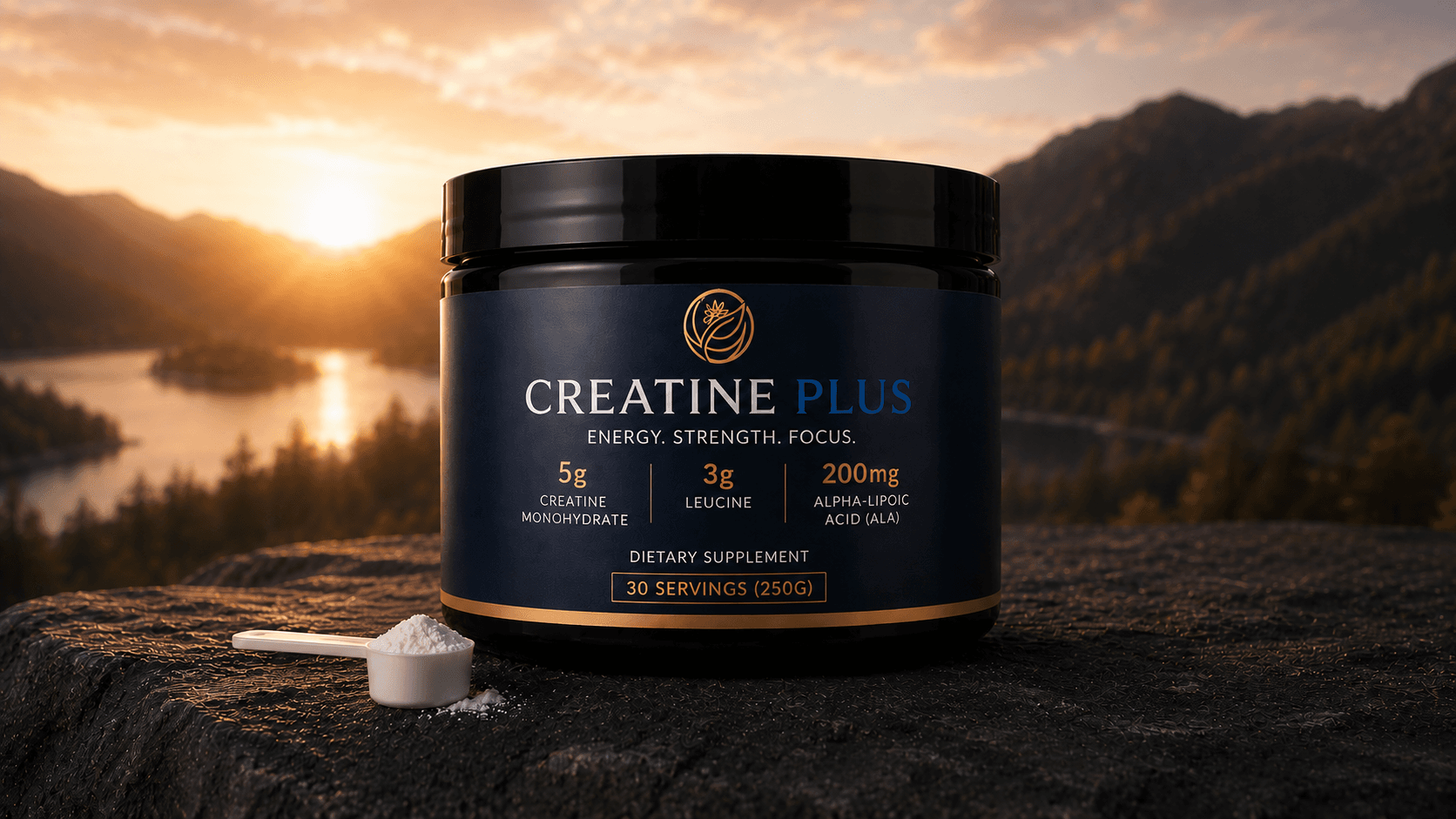 Creatine Plus — 5g creatine monohydrate, 3g leucine, and 200mg alpha-lipoic acid (ALA) — on a rock at sunrise