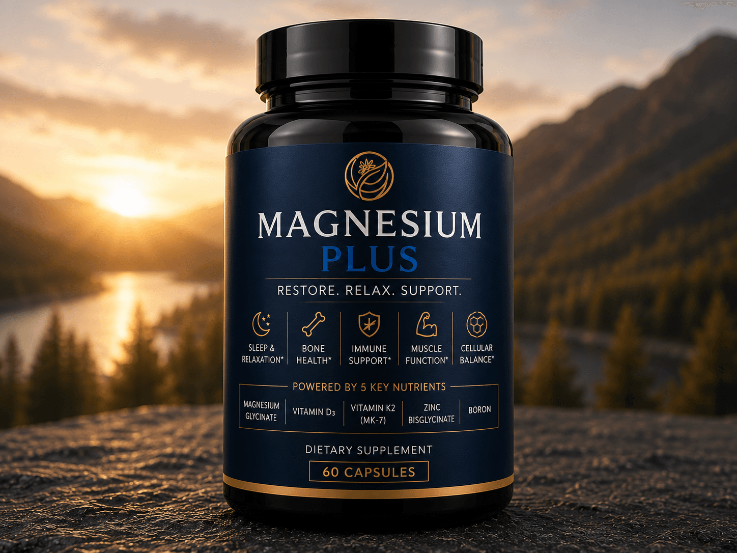 Magnesium Plus — magnesium glycinate with vitamin D3, vitamin K2 (MK-7), zinc bisglycinate, and boron — 60 capsules, on a rock at sunrise