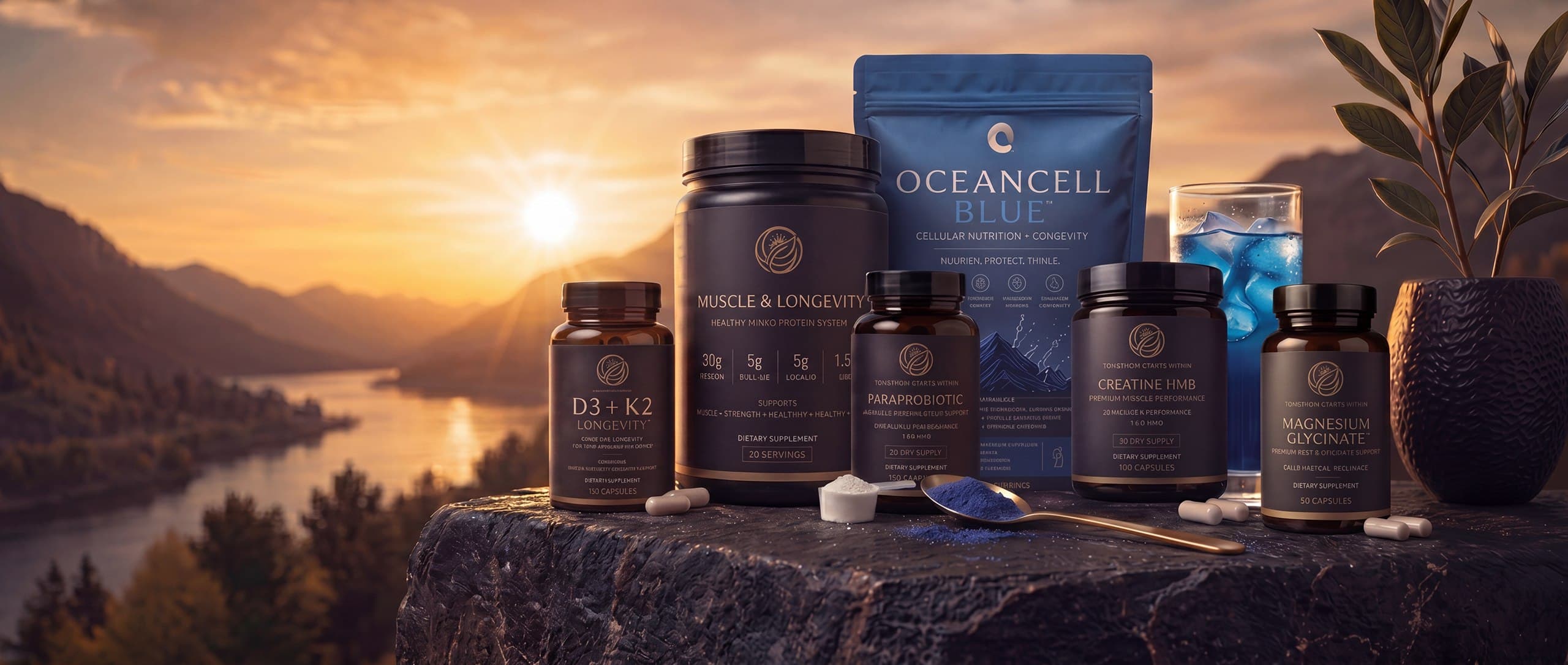product lineup — D3+K2, Muscle & Longevity, ParaProbiotic, Creatine HMB, Magnesium Glycinate and OceanCell Blue at sunrise